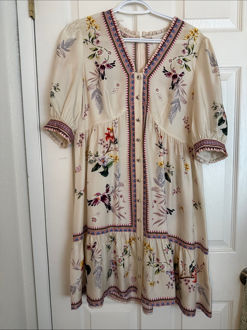 Johnny Was Cream Floral Midi Dress with Button Front